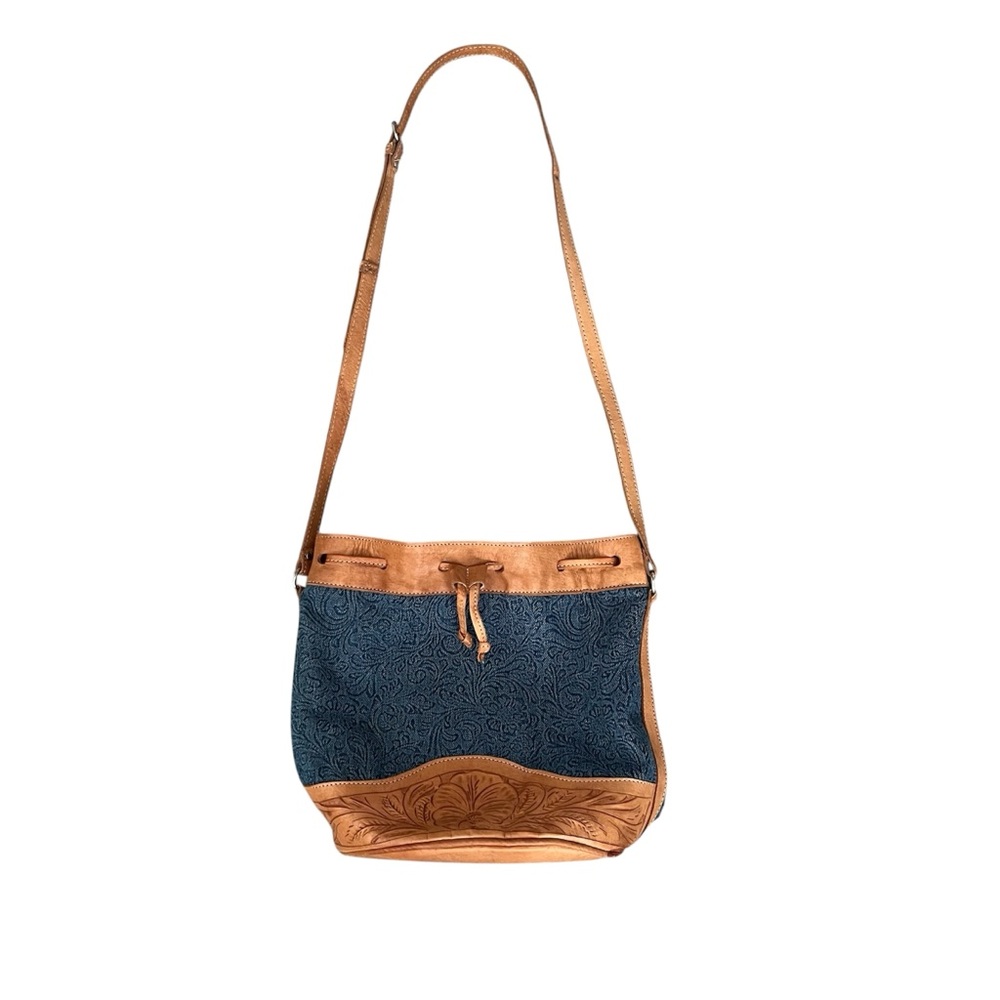 ForceTen Classic Tooled Leather and Embossed Denim Bucket Bag Blue Tan Crossbody